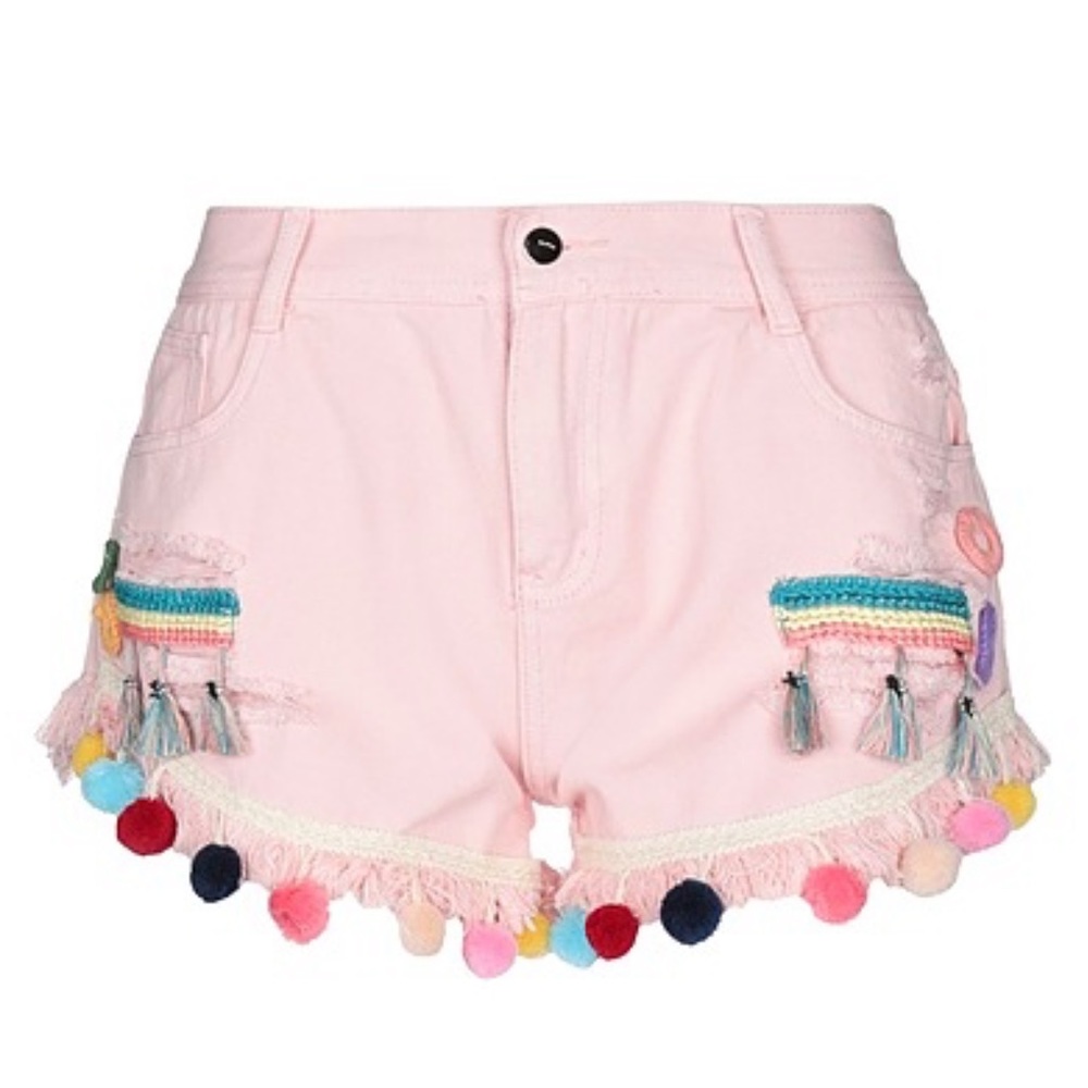 NWT Molly Bracken Boho Pom Pom Pink Shorts Distressed Embroidered Size Medium